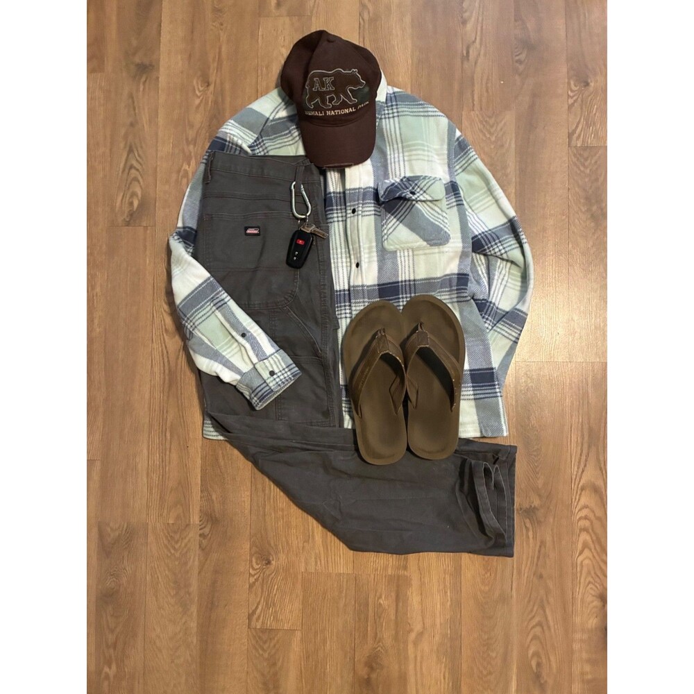 Arizona Jean Co Mens Large Fleece Plaid Shirt Mint Green Blue Button Down Shacke